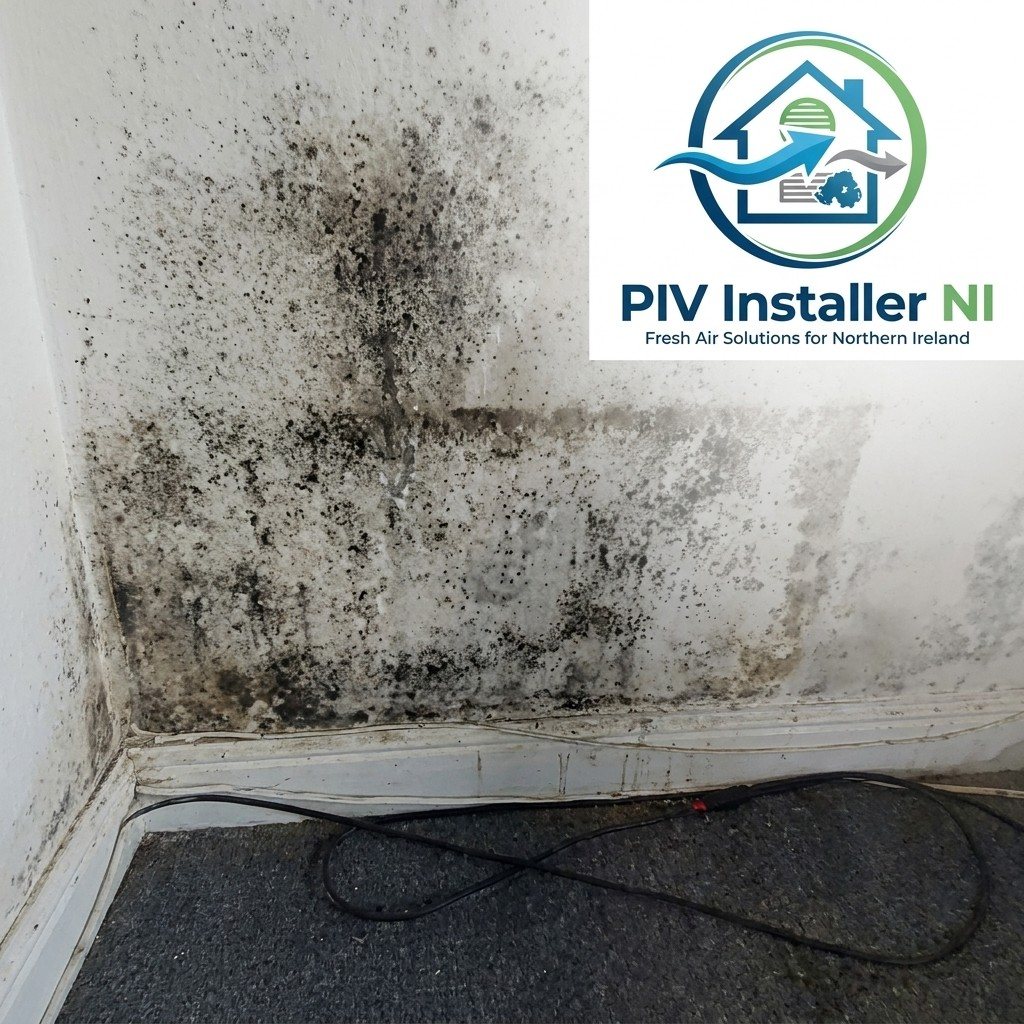 Severe black mould spreading across a wall corner and skirting board in a Northern Ireland home