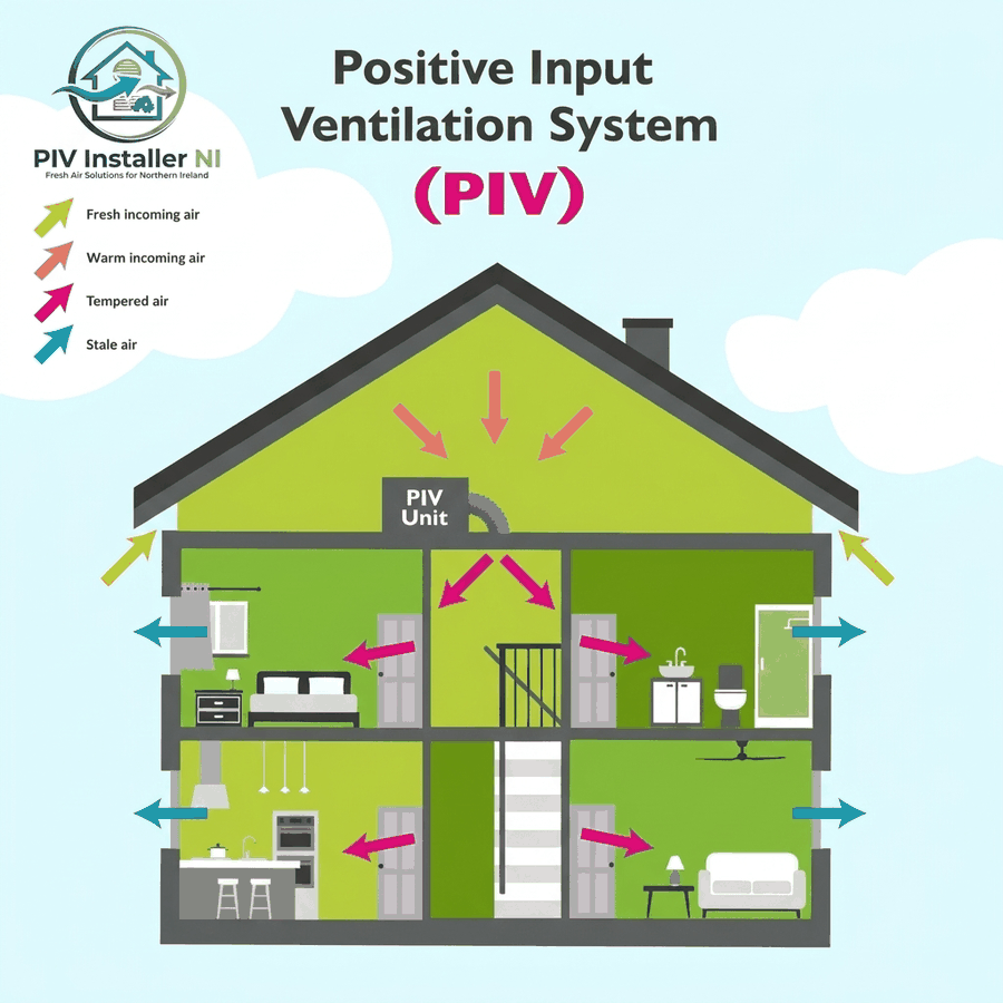 Diagram of how a Positive Input Ventilation (PIV) system works: a loft-mounted unit draws in fresh air, filters it, and gently pushes it down through the home to displace stale, humid air out through vents