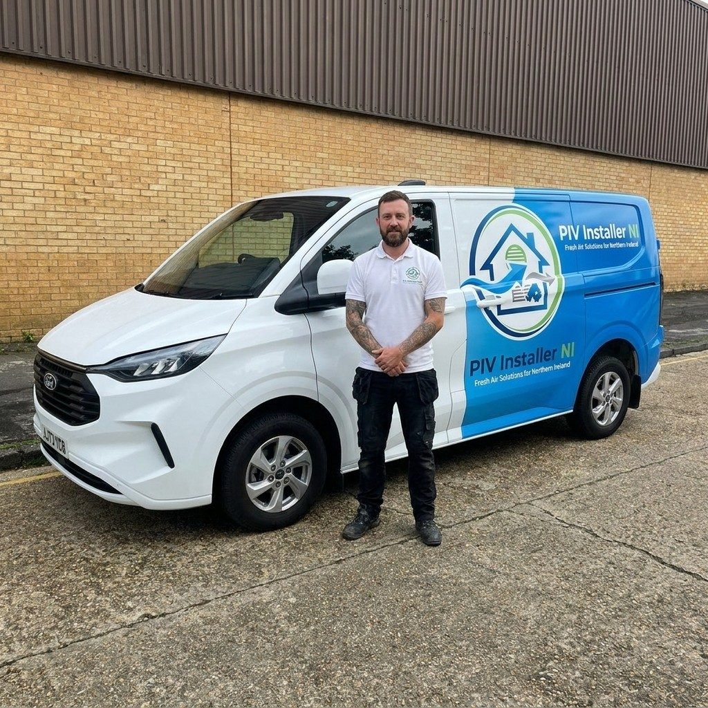 PIV Installer NI engineer standing beside the fully branded company van in Northern Ireland